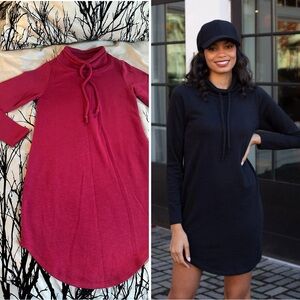 Chaser Slub French Terry Long Sleeve Funnel Neck Shirttail Dress, raspberry pink